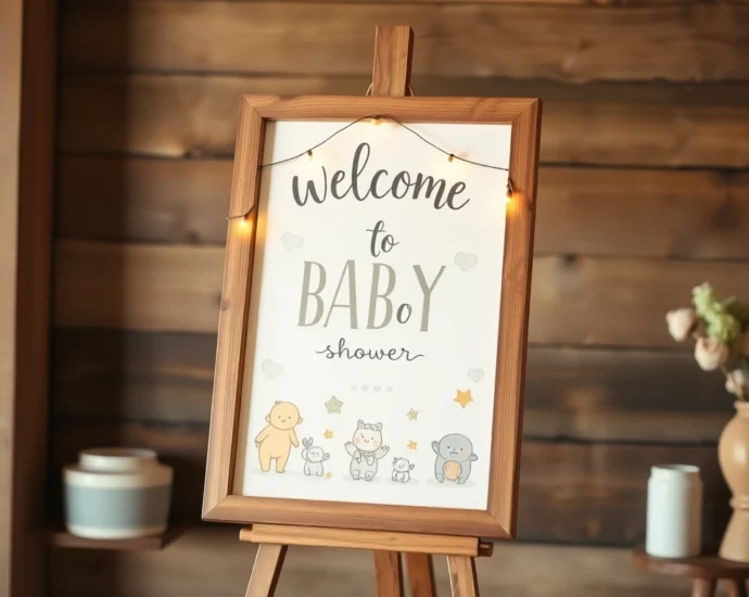 Beautiful baby shower welcome sign with colorful design and elegant typography, perfect for greeting guests warmly.
