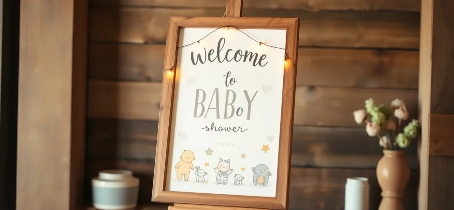 Beautiful baby shower welcome sign with colorful design and elegant typography, perfect for greeting guests warmly.