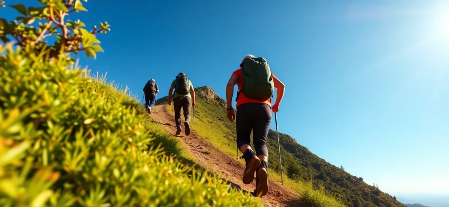 Hiking in nature: A scenic hike on a mountain trail surrounded by lush forest and bright sunlight, inspiring outdoor adventure.