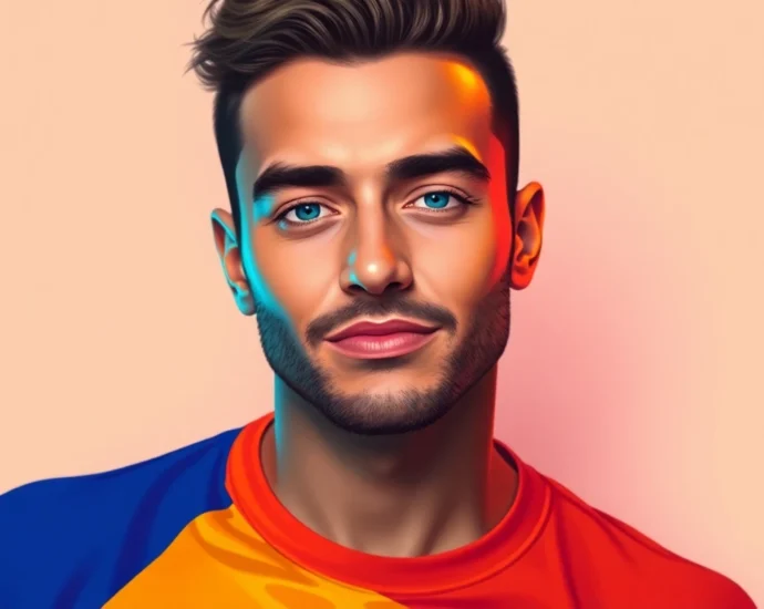 Vibrant digital art of a confident gay man, representing https://789f.gay’s inclusive community and pride celebrations.