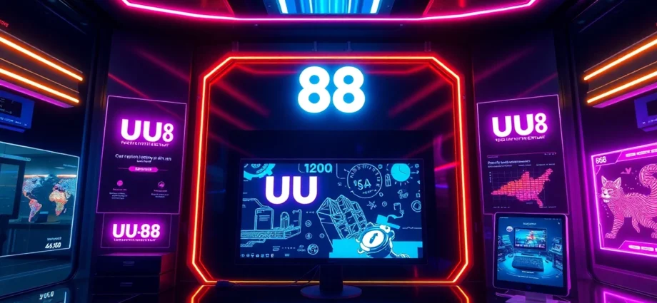 Official UU 88 branding visuals highlighting online casino security, featuring sleek neon designs and digital elements to convey trust and entertainment.