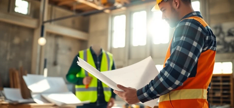 Experienced contractor reviewing construction plans on-site, ensuring quality and accuracy for building success.