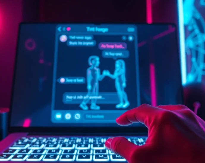 A futuristic digital chat interface with AI characters engaging in intimate conversation in a neon-lit room.