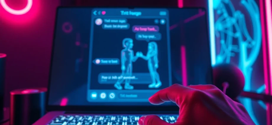 A futuristic digital chat interface with AI characters engaging in intimate conversation in a neon-lit room.