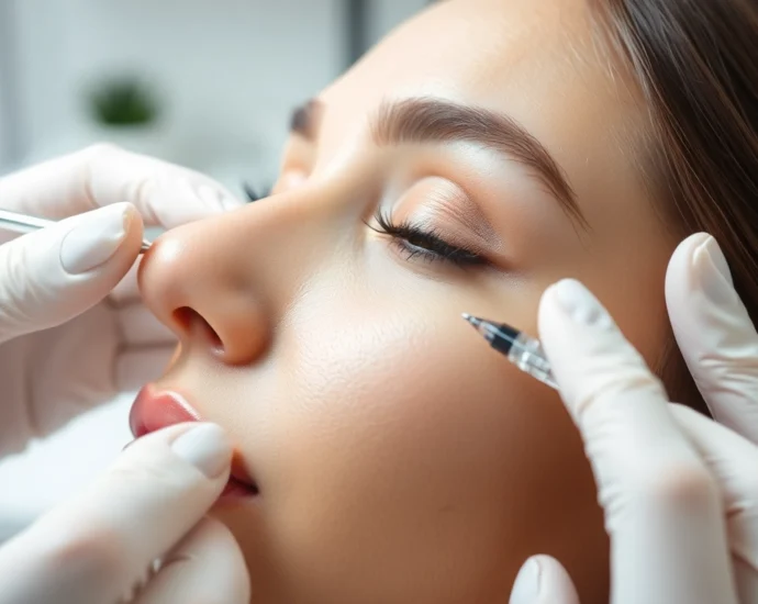 Professional dermatologist administering Botulinumtoxin injections to smooth facial wrinkles in Zurich clinic, emphasizing expertise and safety.