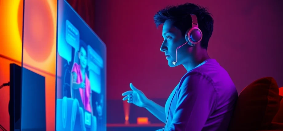 A person engaging with an AI chatbot on a holographic screen, with vibrant visuals and expressive AI character