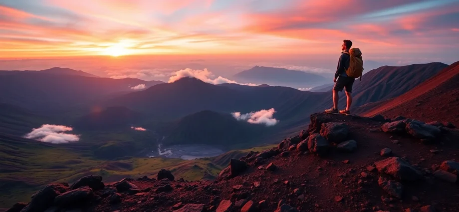 Hiker overlooking Mount Rinjani's crater at sunrise with vibrant colors and rugged terrain.