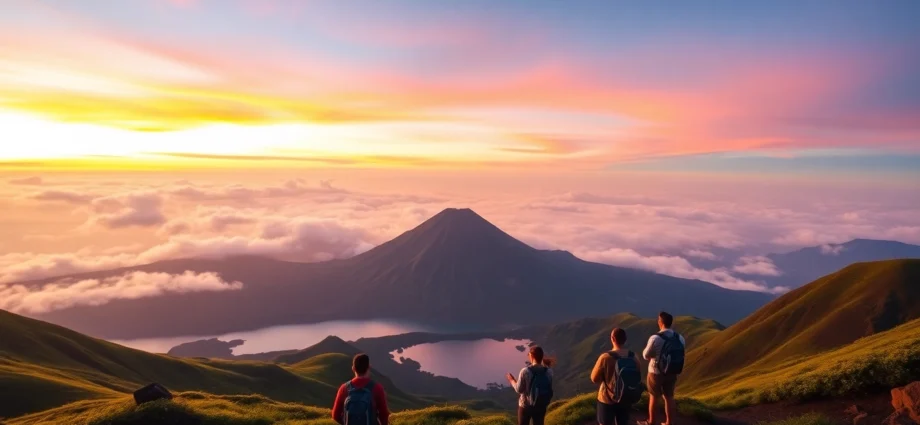 Sunrise view of Mount Rinjani with hikers at the crater rim, showcasing natural beauty and adventure.