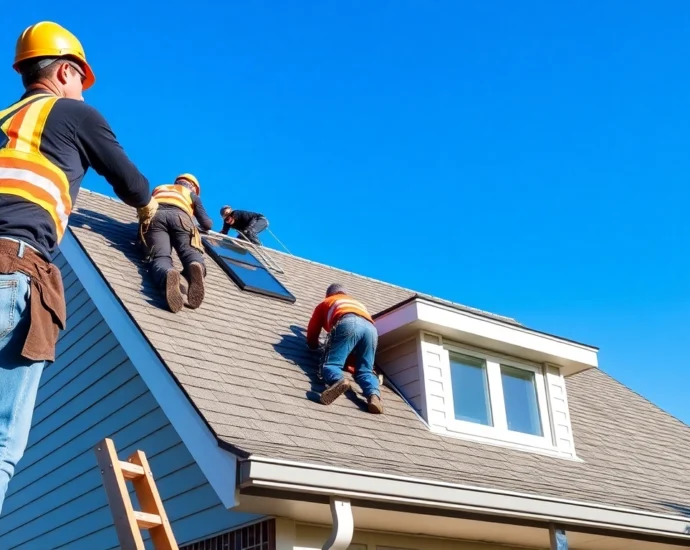 An experienced local roofing company team performing roof installation on a residential property, showcasing craftsmanship and professionalism.
