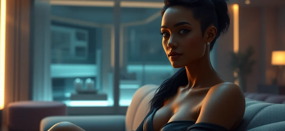 A realistic AI character sitting in a cozy, modern room with warm lighting, conveying intimacy and emotion.