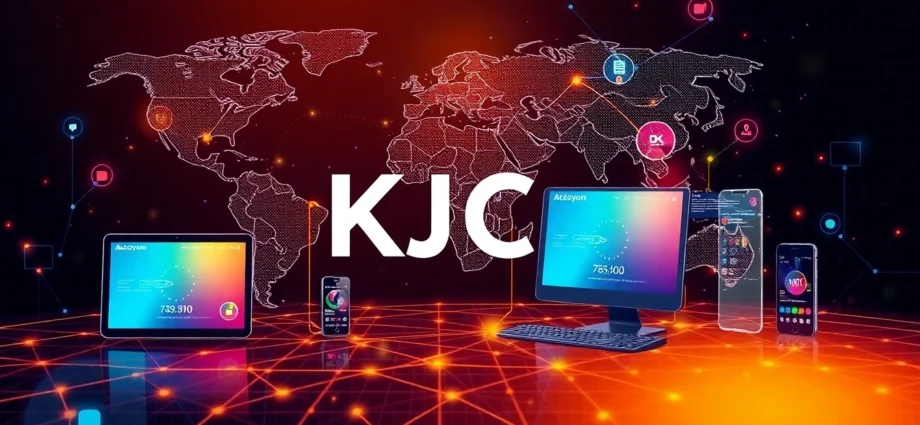KJC's global digital ecosystem with interconnected platforms and cutting-edge technology, symbolizing innovation and connectivity.