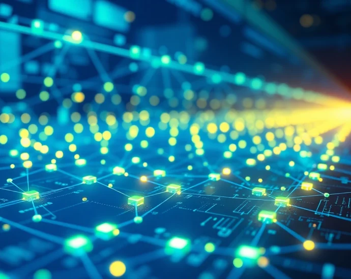 Visual depiction of blockchain technology showcasing a secure digital ledger with interconnected nodes and cryptographic links, symbolizing data integrity and transparency.