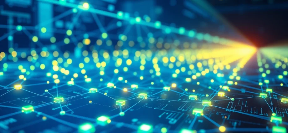 Visual depiction of blockchain technology showcasing a secure digital ledger with interconnected nodes and cryptographic links, symbolizing data integrity and transparency.