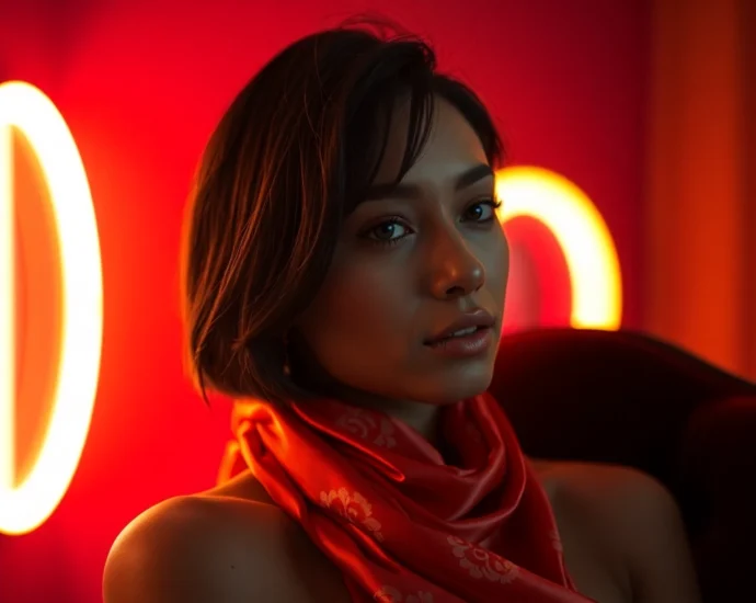 NSFW AI Image Generator scene: hyperreal neon-lit portrait with silk textures and intimate mood.