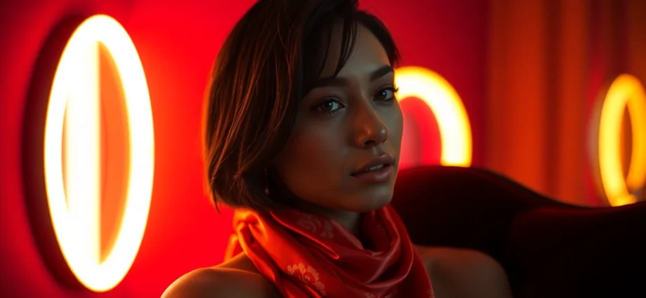 NSFW AI Image Generator scene: hyperreal neon-lit portrait with silk textures and intimate mood.