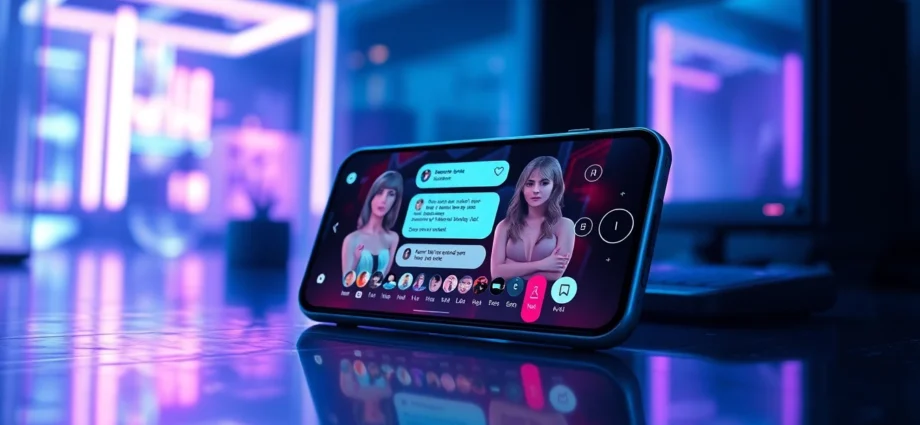 Futuristic smartphone displaying an AI sexting app interface with customizable avatars and realistic visuals in a neon-lit room.