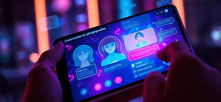 Close-up of a futuristic AI girlfriend interface on a touchscreen device with vibrant colors and holographic elements