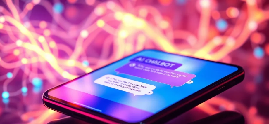 Futuristic AI chatbot interface on a modern device with glowing data streams and neural network patterns in the background.