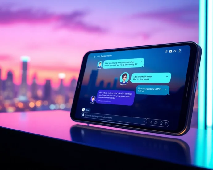 An illustration of a futuristic chat interface on a device with a neon-lit cityscape background, highlighting AI interaction and customization features.