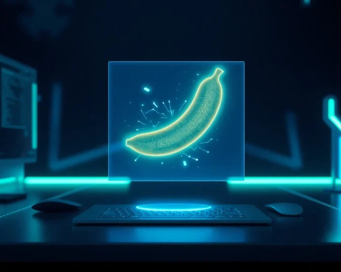 Futuristic AI interface displaying a holographic banana with digital code and glowing accents.