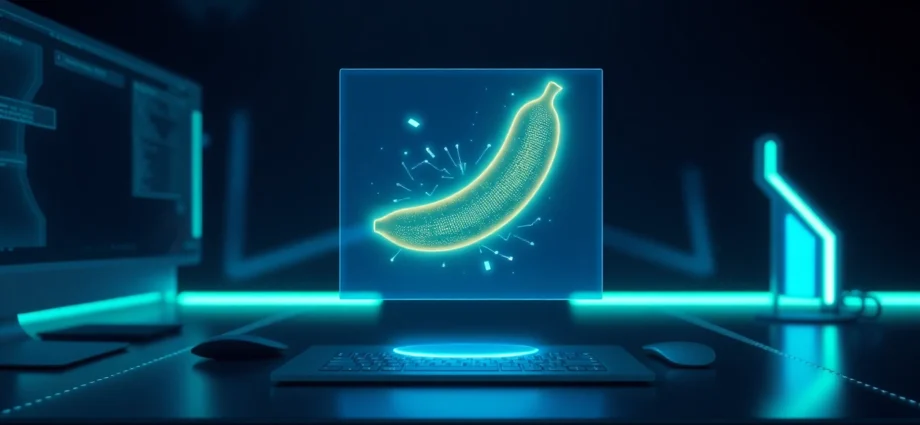 Futuristic AI interface displaying a holographic banana with digital code and glowing accents.