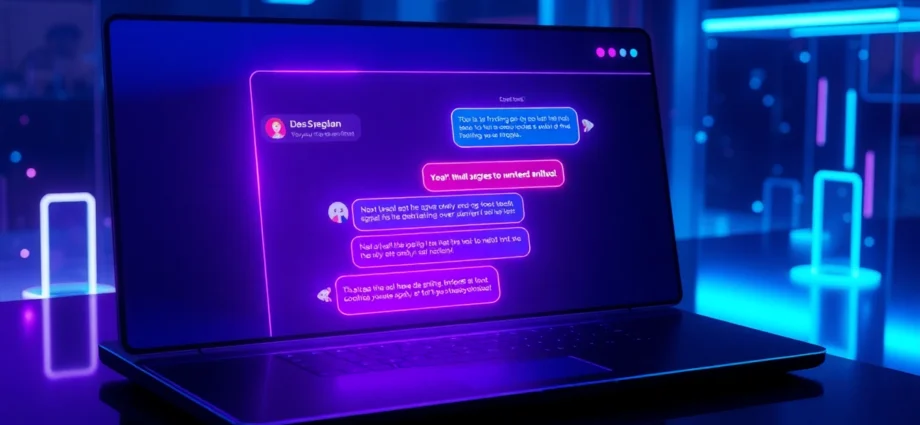 An advanced AI chat interface on a dark screen with neon accents and holographic elements, conveying a high-tech, provocative digital environment.