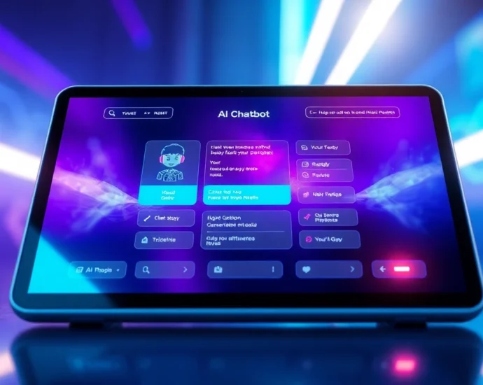 Futuristic AI chatbot interface on a tablet with neon lights and holographic elements