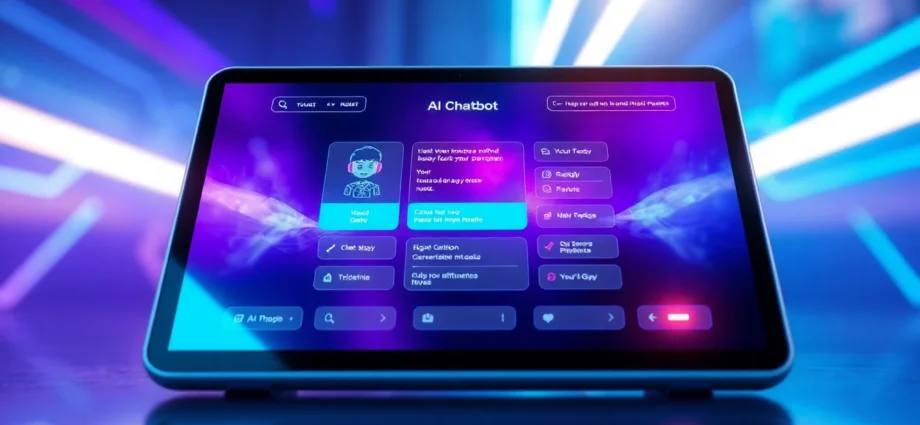 Futuristic AI chatbot interface on a tablet with neon lights and holographic elements