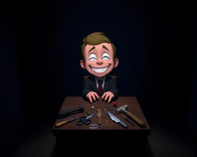 A disturbing scene of Harvey with a worried expression, surrounded by violent tools in a dark room, highlighting the game's psychological horror theme.