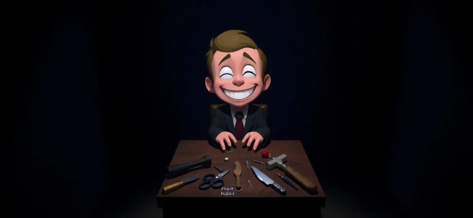 A disturbing scene of Harvey with a worried expression, surrounded by violent tools in a dark room, highlighting the game's psychological horror theme.