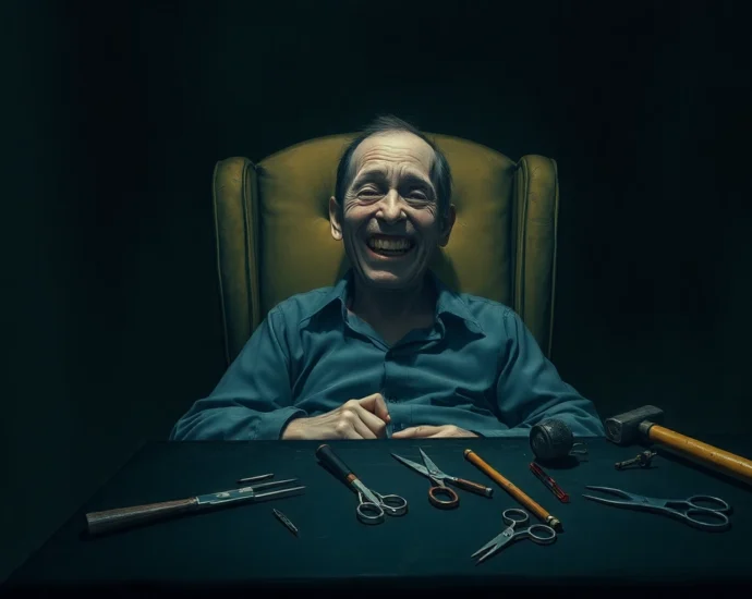 A distressed man with a cheerful expression, suffering while sitting in a dark room with violent tools nearby, evoking psychological horror.