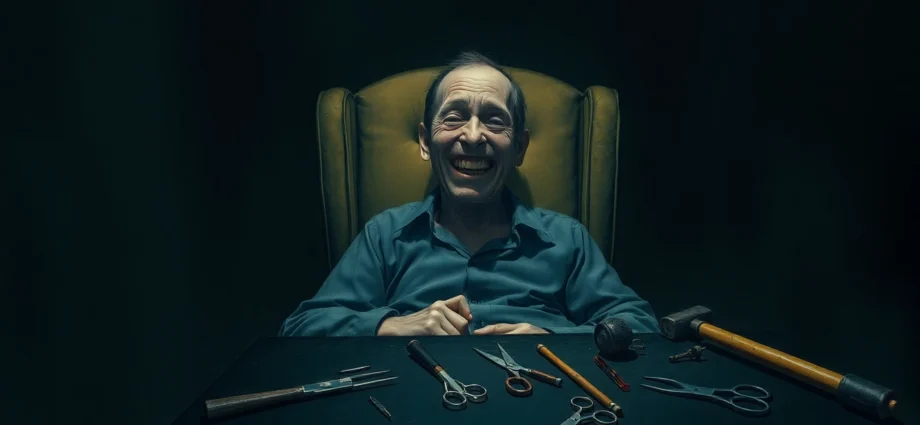 A distressed man with a cheerful expression, suffering while sitting in a dark room with violent tools nearby, evoking psychological horror.