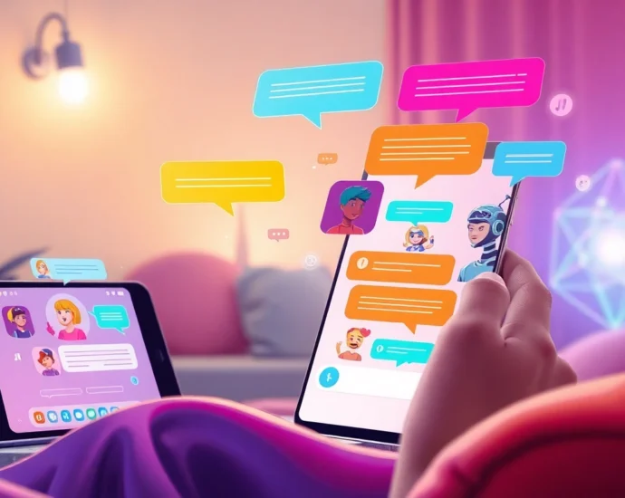 Futuristic AI chat interface with animated characters on a smartphone and sleek digital environment.