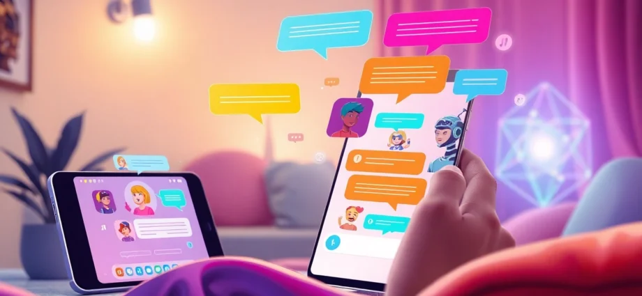 Futuristic AI chat interface with animated characters on a smartphone and sleek digital environment.