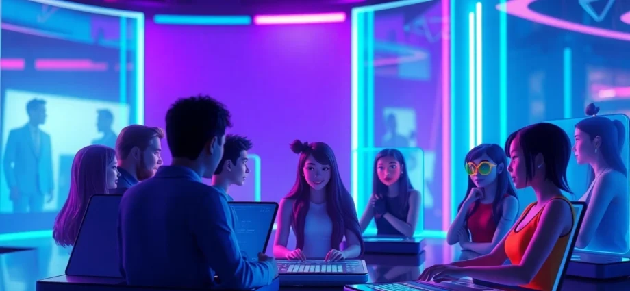 A futuristic digital chat environment with animated characters and holographic interfaces in a neon-lit cyberpunk setting.