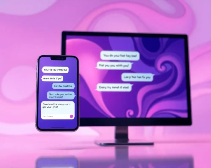 An illustration of a smartphone and desktop screen showing a colorful, flirtatious AI chat interface with vibrant background patterns.