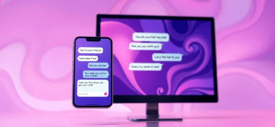 An illustration of a smartphone and desktop screen showing a colorful, flirtatious AI chat interface with vibrant background patterns.