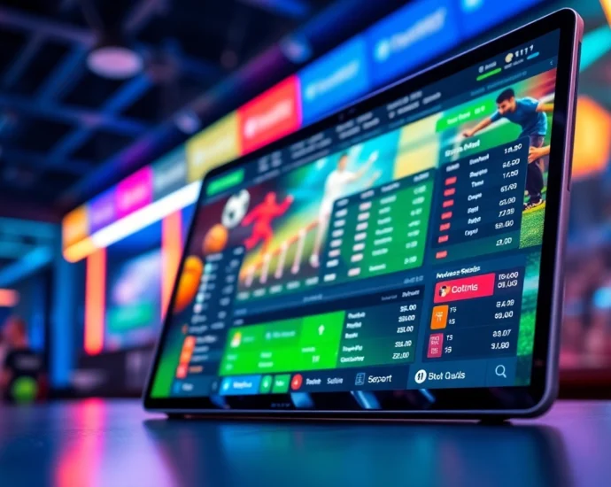 Digital sportsbook and casino platform interface with sports icons and betting options illuminated by neon lights.