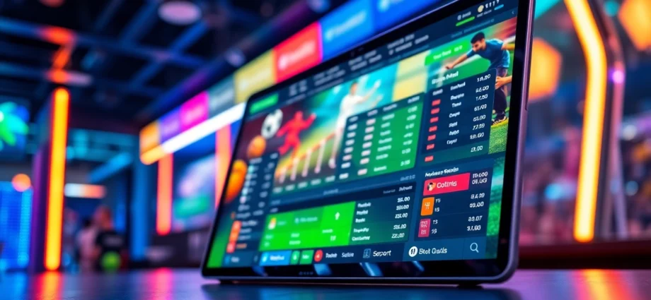 Digital sportsbook and casino platform interface with sports icons and betting options illuminated by neon lights.