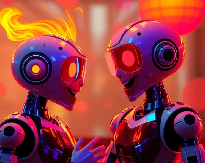 Spicy AI Chat visual featuring a lively digital chatbot with flames and flirtatious elements, showcasing engaging AI interactions.