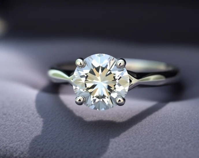 Elegant white gold engagement ring with a dazzling diamond, symbolizing love and commitment, perfect for proposals, macro shot with focus on the gem.