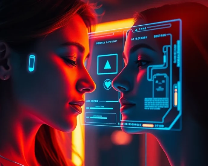 AI girlfriend engaging in a realistic conversation with detailed facial expressions and inviting posture, highlighting immersive digital companionship.