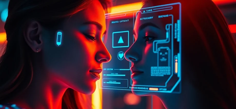 AI girlfriend engaging in a realistic conversation with detailed facial expressions and inviting posture, highlighting immersive digital companionship.