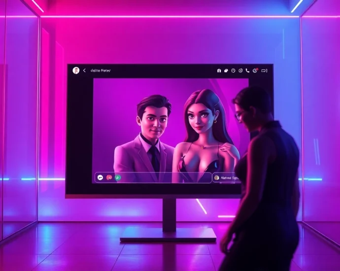 Digital illustration of AI characters in a seductive chat interface with neon lighting and futuristic textures.