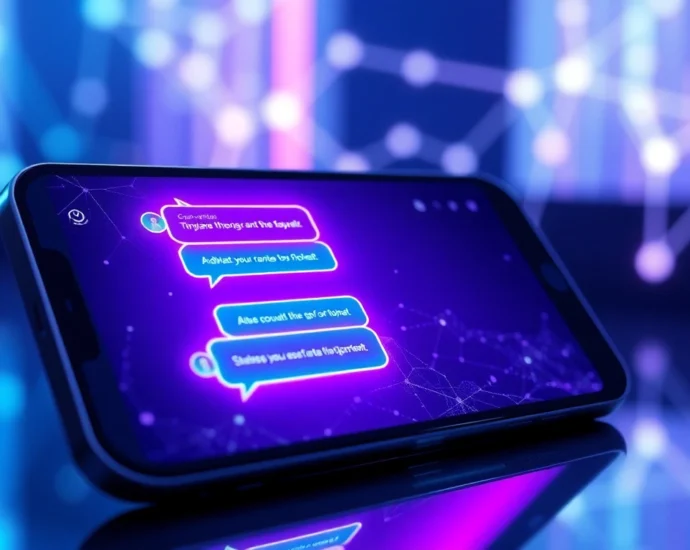 An illustration of a futuristic chat interface on a modern device with neon colors and a digital landscape background.
