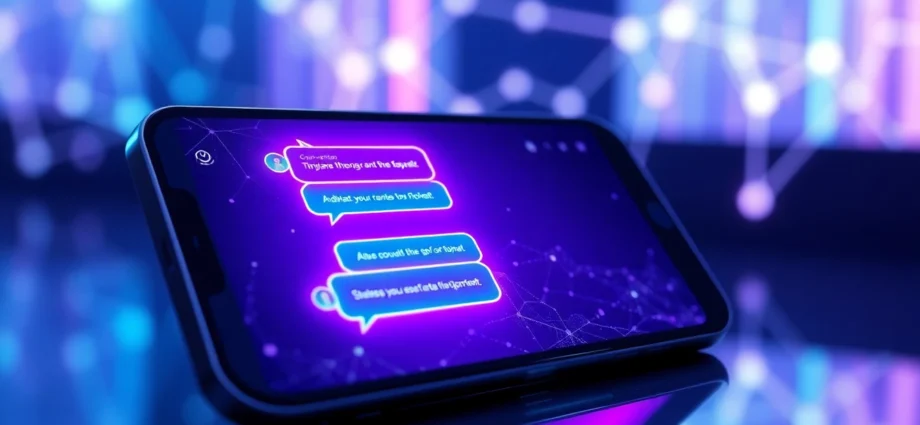 An illustration of a futuristic chat interface on a modern device with neon colors and a digital landscape background.