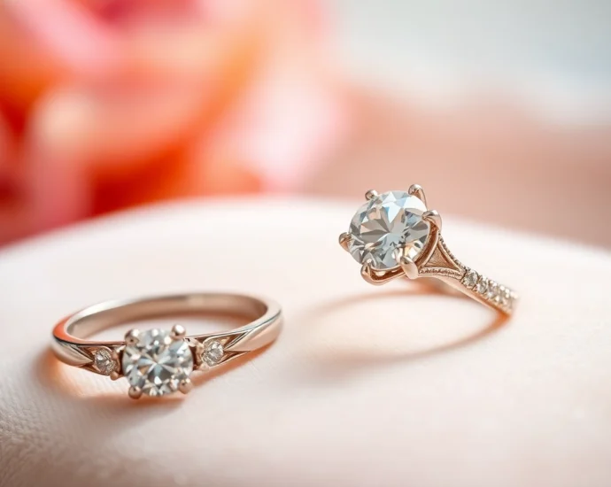 Close-up of beautiful engagement rings with diamonds, showcasing craftsmanship and sparkle for