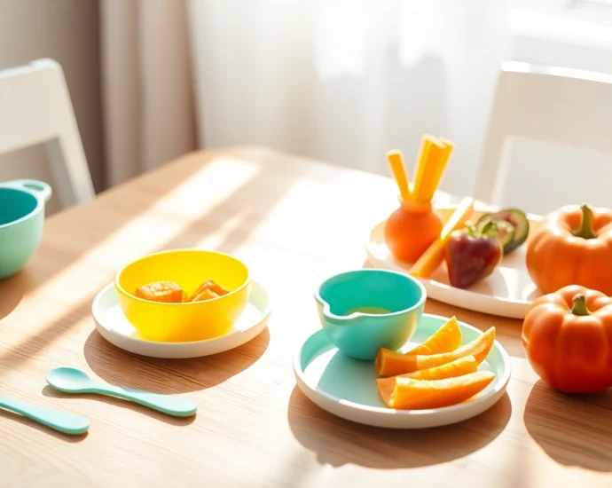 High-quality baby feeding set for weaning in vibrant colors being used by a smiling baby at a
