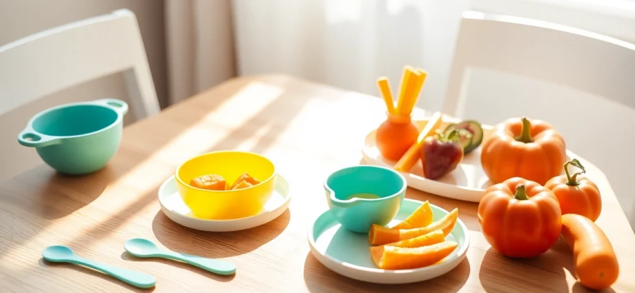 High-quality baby feeding set for weaning in vibrant colors being used by a smiling baby at a
