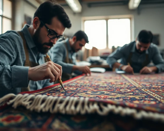 Expert craftsmen performing Restauro Tappeti Milano with careful restoration techniques on an